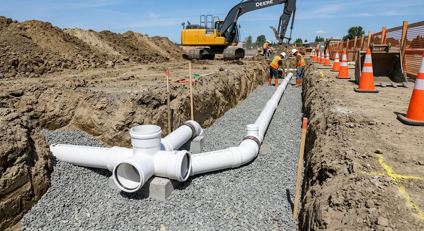 New PVC sewer pipe installation in open trench for Sewer Camera Inspection in Oceola