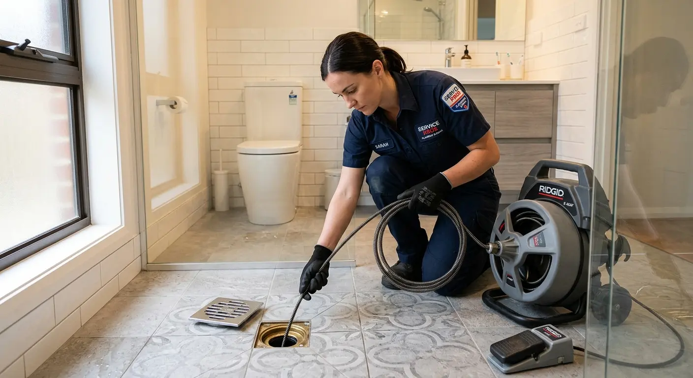 Technician clearing a bathroom floor drain for Drain Cleaning in Oceola